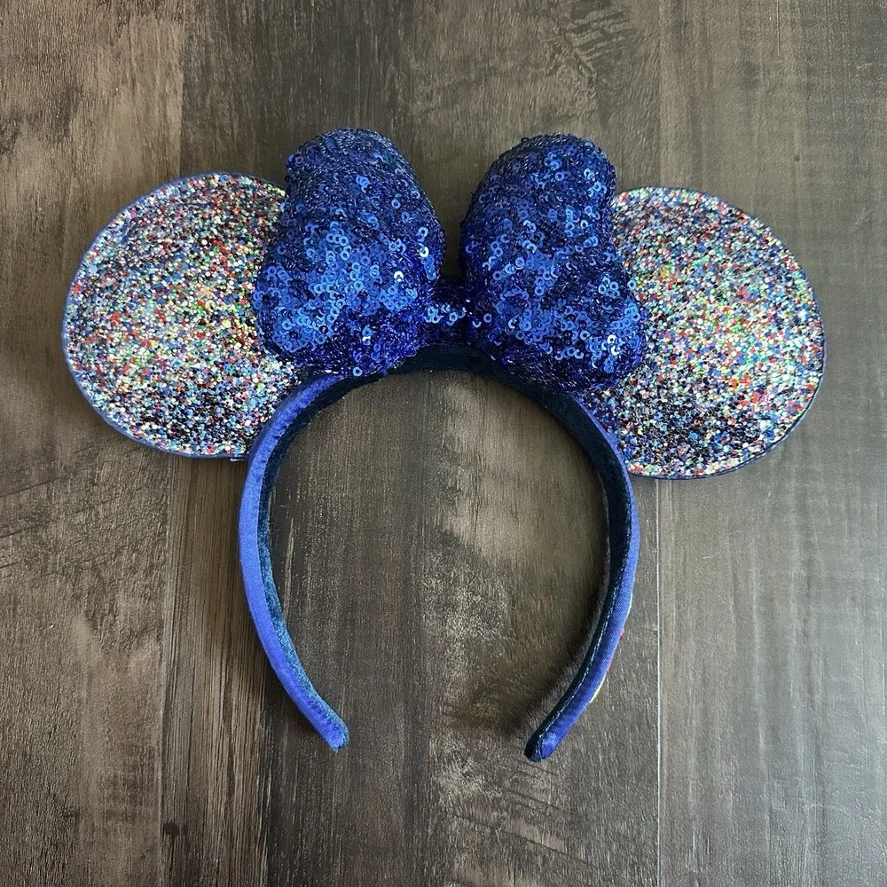 Disney Parks 2020 Blue Glitter Sapphire Sparkle Sequin Bow Minnie Ears Headband - Picture 1 of 3